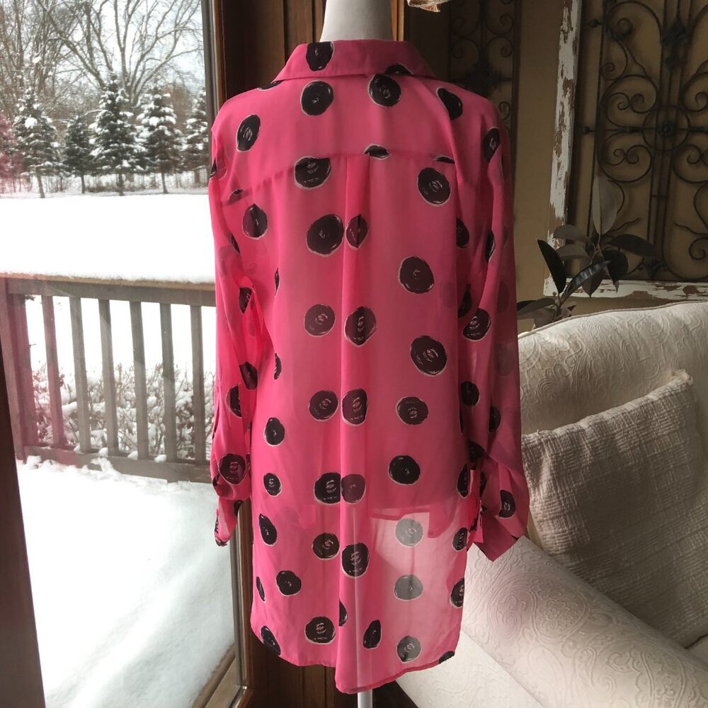 I Heart Ronson Size L long Sleeve Sheer Blouse Black and Pink - Picture 3 of 5